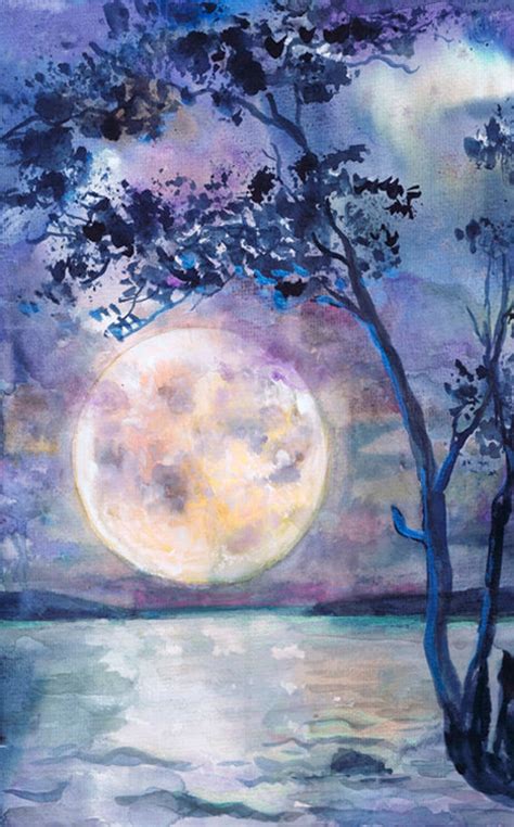 Moon Painting Watercolor Night Sky Print Full Moon Decor Art - Etsy ...