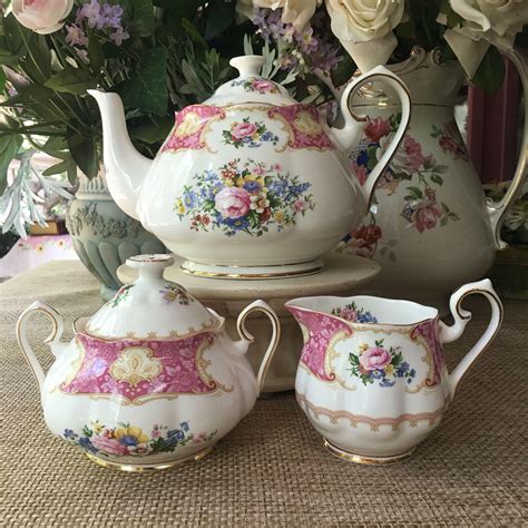 Royal Albert Lady Carlyle Tea Set Teapot Covered Sugar Bowl and Creamer ...