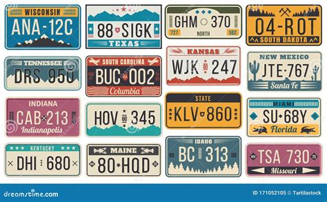 Abstract USA States License Plates. Colorful Retro Car License, Number ...