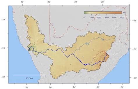 Course and Watershed of the Orange River with topography shading and ...