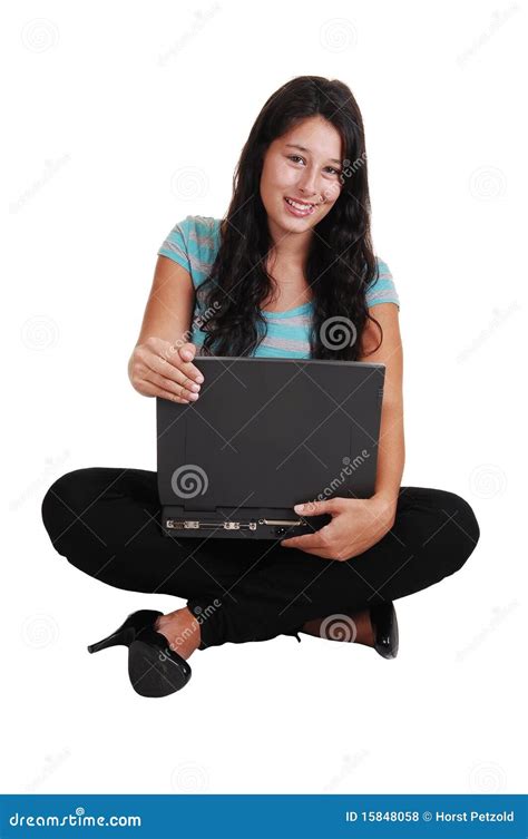 Girl Sitting With Laptop On Floor. Stock Photo - Image: 15848058