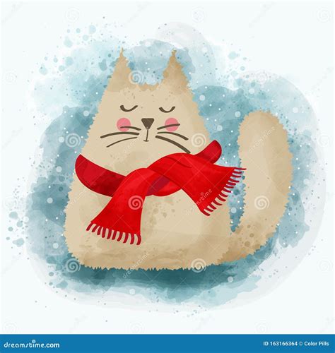 Cute Watercolor Cat in Winter. Christmas Card. Vector Stock Vector ...