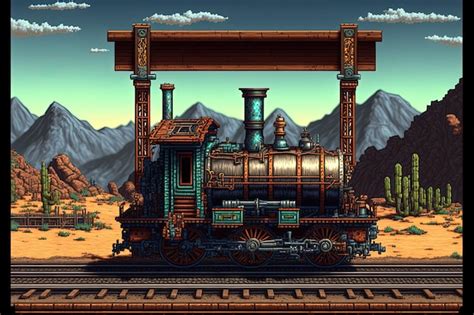 Pixel art iron train in desert background in retro style for 8 bit game ...