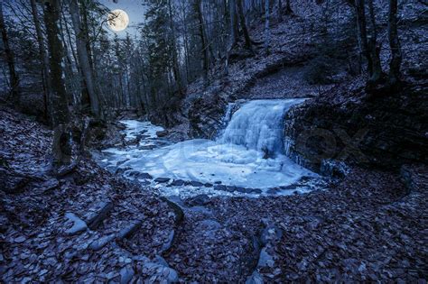 frozen waterfall in forest at night | Stock image | Colourbox