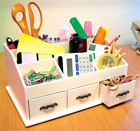 Wooden Desk Tidy / Caddy With Three Drawers And 7 Organiser Compartments