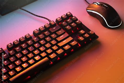 Gaming keyboard. Keyboard with mouse, neon light. Mechanical keyboard ...