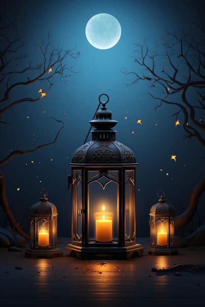 Premium Photo | Lantern With Two Lit Candles in Front of a Full Moon