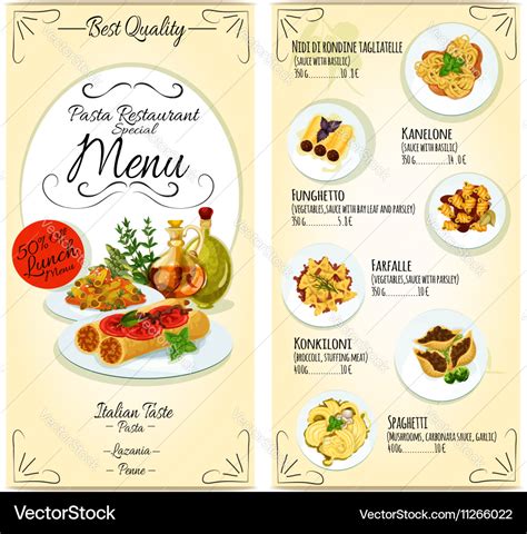 Italian pasta restaurant menu card template Vector Image