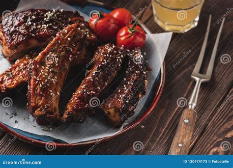 Smoked Roasted Pork Ribs. Barbeque Spicy Ribs. Traditional American BBQ ...