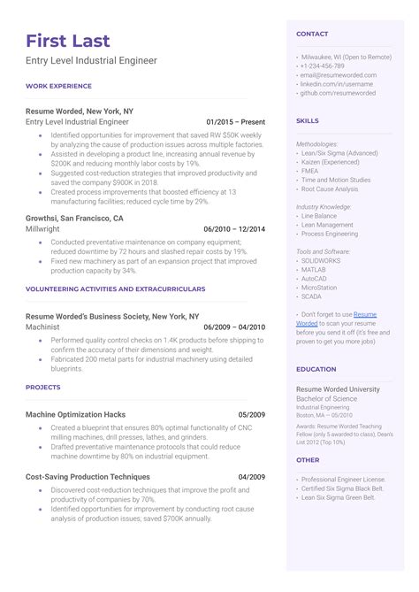 Entry Level Industrial Engineer Resume Example for 2023 | Resume Worded