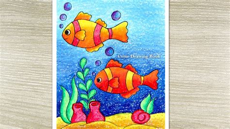 Simple Underwater Scenery Drawing with oil pastel, Fish Aquarium Drawing