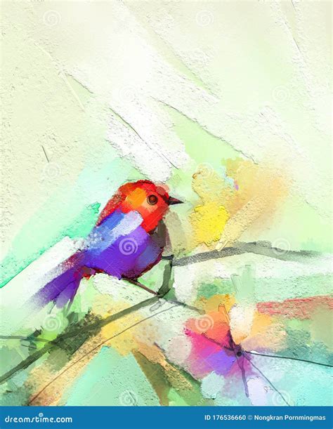 Abstract Colorful Oil, Acrylic Painting of Bird and Spring Flower ...