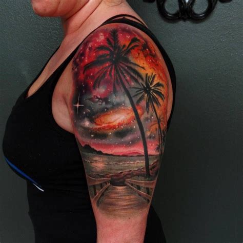 Attractive Beach Scenery Tattoo On Girl Left Half Sleeve | TATTOOS ...