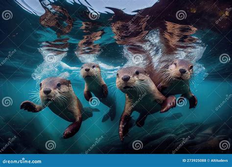 Group of Playful Otters Diving and Swimming Underwater Stock ...