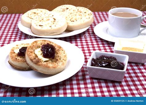 Crumpets and jam stock image. Image of food, pastries - 55859125