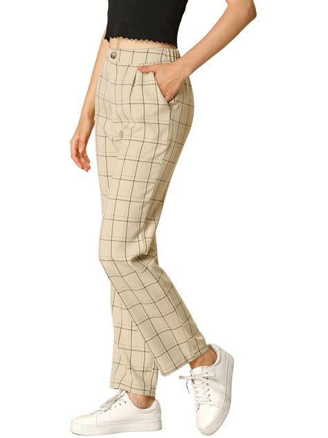 Allegra K - Allegra K Women's Plaid Pockets Elastic Waist Straight Leg ...