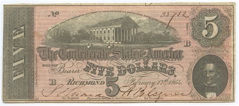 1864 $5 Five Dollars Confederate States of America Richmond CSA Bank ...