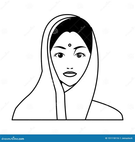 Indian Woman Face Avatar Cartoon in Black and White Stock Vector ...