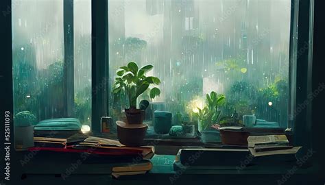 Lofi empty interior. Window view of a rainy day, anime, manga style ...