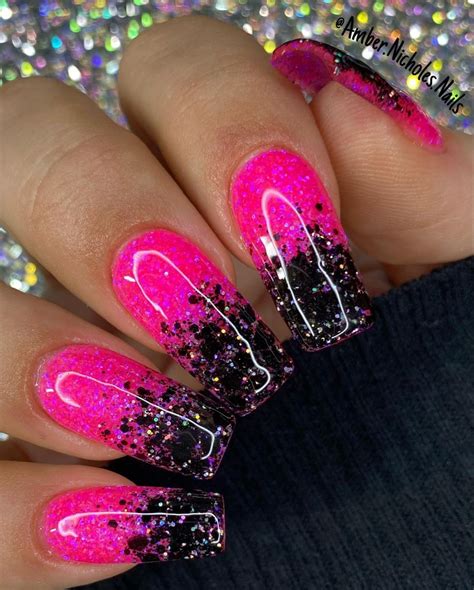 Hot Pink, Black glitter Pink Ombre Nails Glitter, Pink Black Nails ...