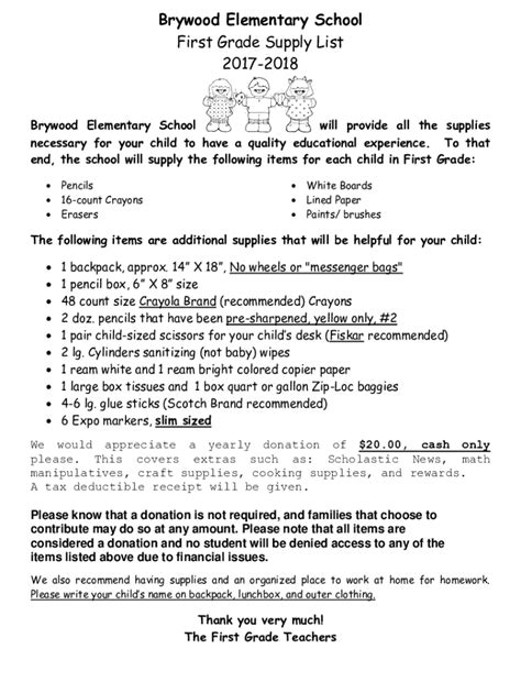 Fillable Online Brywood Elementary School Kindergarten Supply List Fax ...