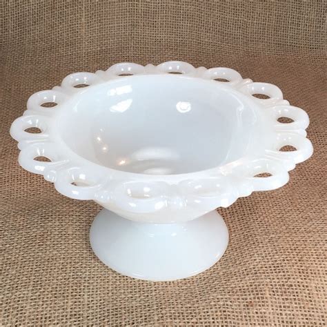 Vintage White Milk Glass Footed Bowl Scalloped Lace Edge Candy Dish ...