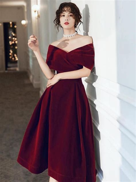 Wine Red Velvet Tea Length Homecoming Dress, Dark Red Party Dresses ...