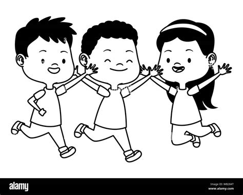 Cute happy kids having fun in black and white Stock Vector Image & Art ...