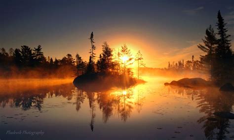 Foggy Fall Morning Sunrise Behind the Island on Fenske Lake along the ...