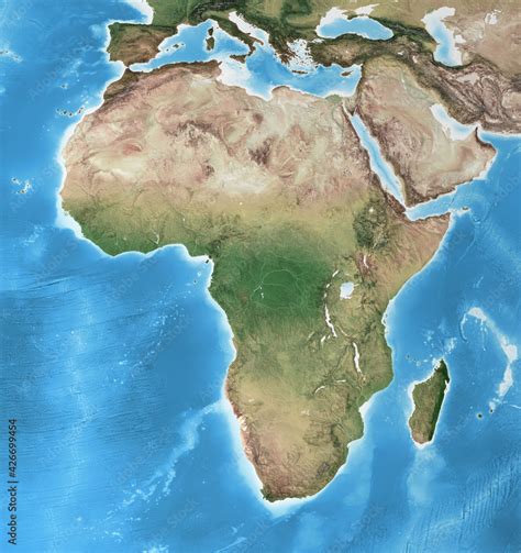 Physical map of Africa, with high resolution details. Flattened ...