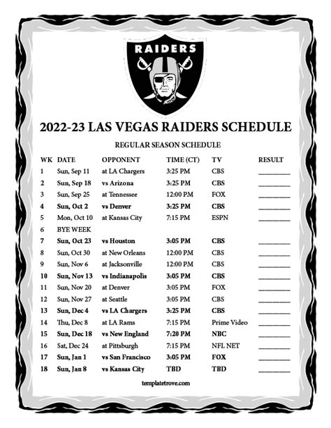 Printable 2022-2023 Las Vegas Raiders Schedule