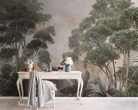 Wall Mural Photo Wallpaper Tropical trees in a foggy forest with large ...