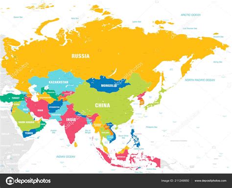 Vector Map Asia Continent Countries Capitals Main Cities Seas Islands ...