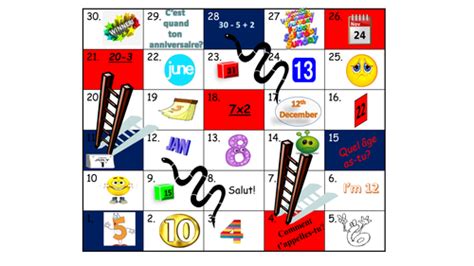 Snakes and ladders for revision of numbers, months, birthdays, feelings ...