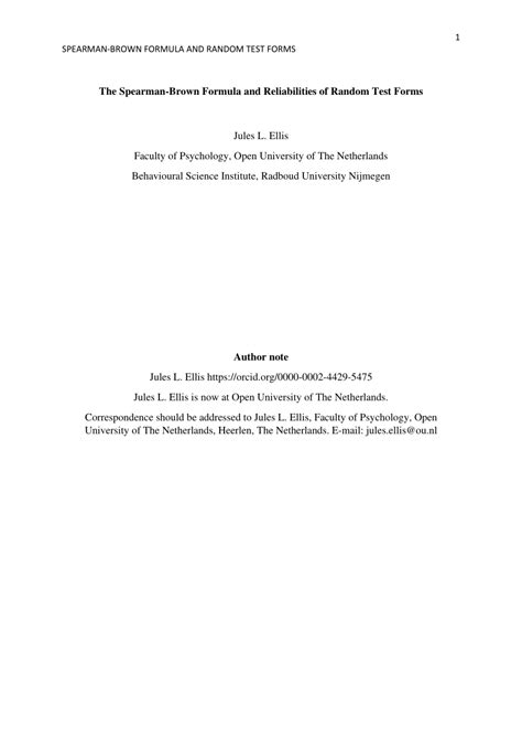 (PDF) The Spearman-Brown Formula and Reliabilities of Random Test Forms