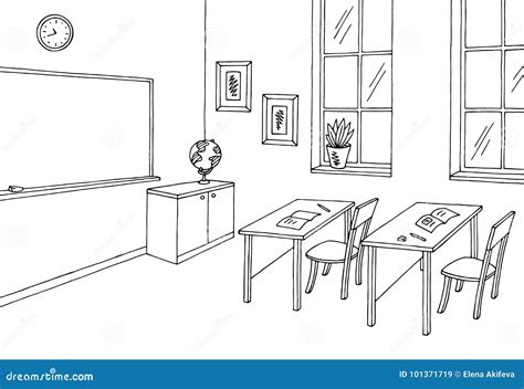 Classroom Graphic Black White Interior Sketch Illustration Vector Stock ...