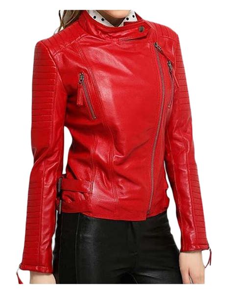 Asymmetrical Zipper Elegant Womens Red Leather Motorcycle Jacket - UJackets