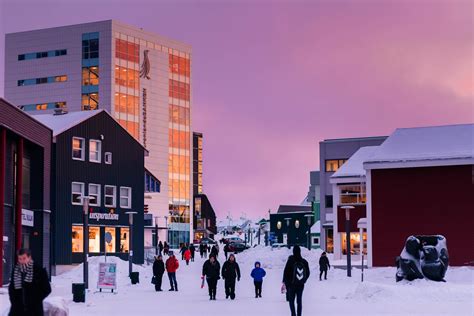 The main shopping street of Nuuk, Greenland on a beautiful winter ...