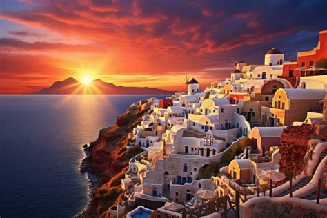 Oia village on Santorini island at sunset, Greece, Oia Sunset ...