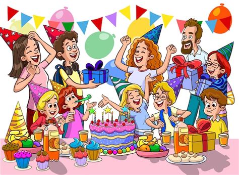 Premium Vector | Cartoon kids party poster with big table sweets and ...