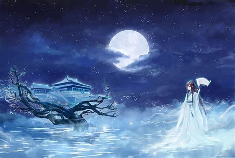 Moonlight, moon, blue, moon, girl, anime, manga, white, HD wallpaper ...