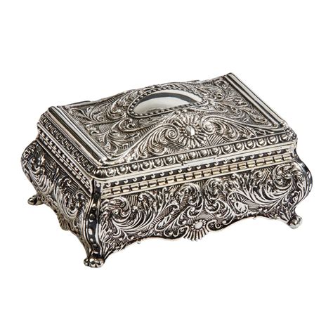 Personalized Small Ornate Footed Antique Silver Jewelry Box - Famous Favors