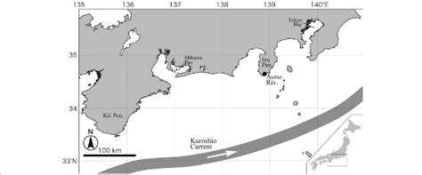 Map showing the Kuroshio Current off southeastern Japan and the Izu ...