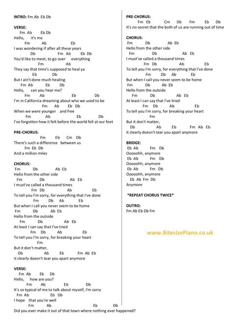 HELLO – ADELE PIANO CHORDS & Lyrics – Bitesize Piano