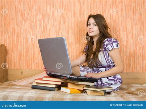 Girl sitting with laptop stock image. Image of cheerful - 16788257