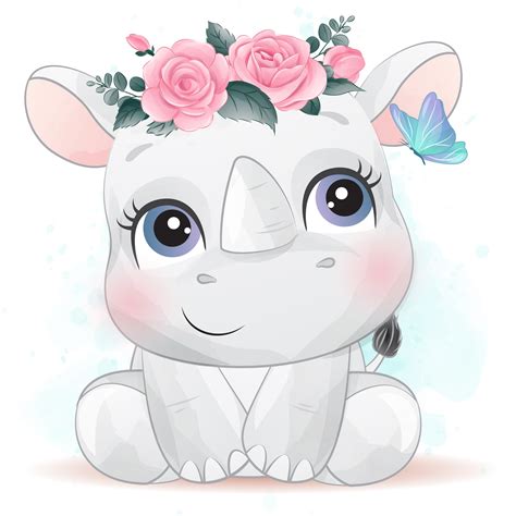 Cute rhino clipart with watercolor illustration