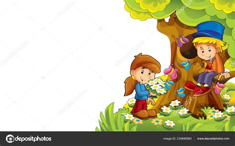 Cartoon Autumn Nature Background Kids Having Fun Space Text ...