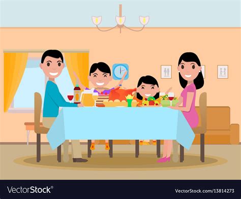 Cartoon happy family festive dinner table Vector Image