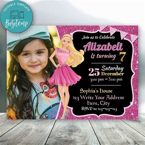 Editable Barbie Birthday Invitations With Photo Instant Download ...