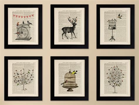 Set of 6 Art Prints on Old Antique Book Page Bird Tree, Birdcage, Deer ...